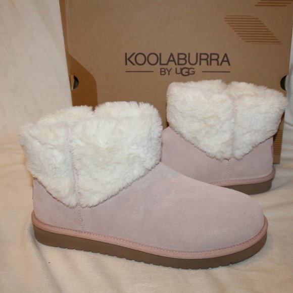NIB UGG KOOLABURRA WOMEN'S ABREI MINI PINK SUEDE FUR CUFFED ANKLE BOOTS 10 - Picture 1 of 6